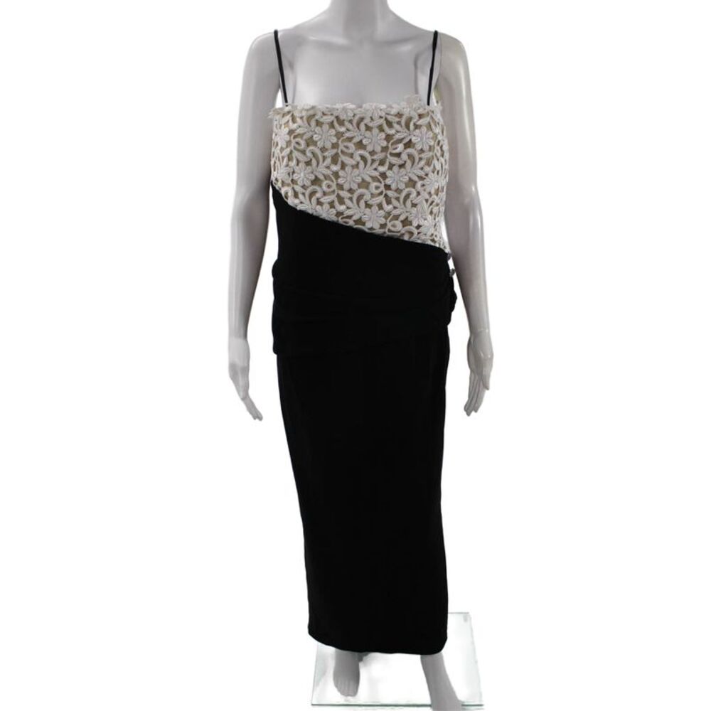 Rose Taft Couture Womens Black Floral Midi Gown Square Neck Sleeveless Size 10